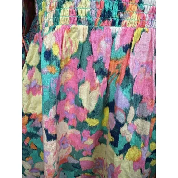 GAP Floral Smocked Dress Medium‎ Linen Cotton Puff Sleeve Colorful Party Cottage - Picture 11 of 13